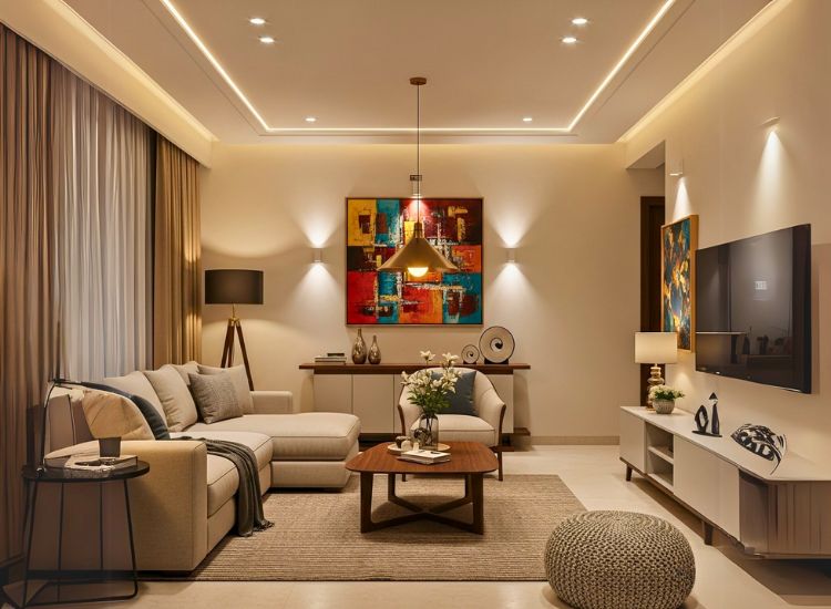 Modern living room design with layered lighting, combining ambient, task, and accent lights for stunning living room designs ideas.