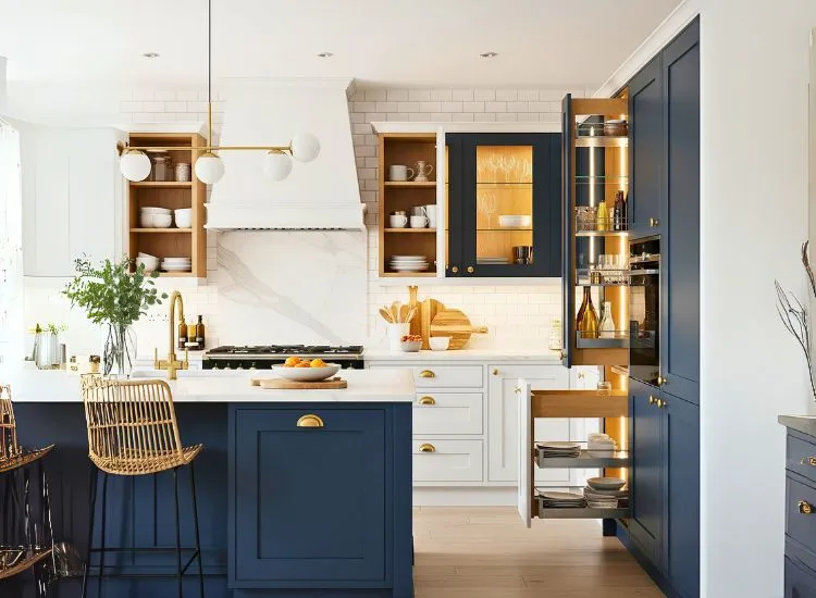 Elegant kitchen and cabinet setup with timeless modular kitchen cabinets and classic design of kitchen furniture.