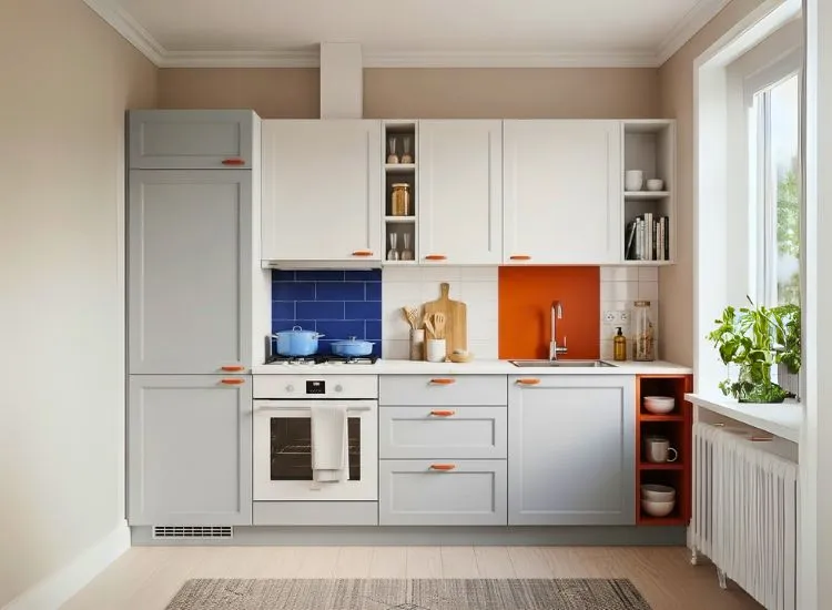 Modern kitchen featuring a simple kitchen colour combination that blends soft neutrals and bold accents for a clean, elegant, and contemporary feel.