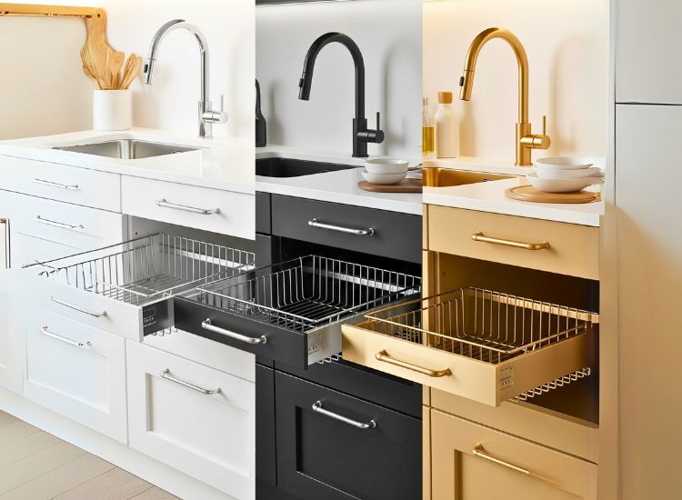 Match your hardware with finishes using stylish modular kitchen accessories and sleek accessories for modular kitchen.