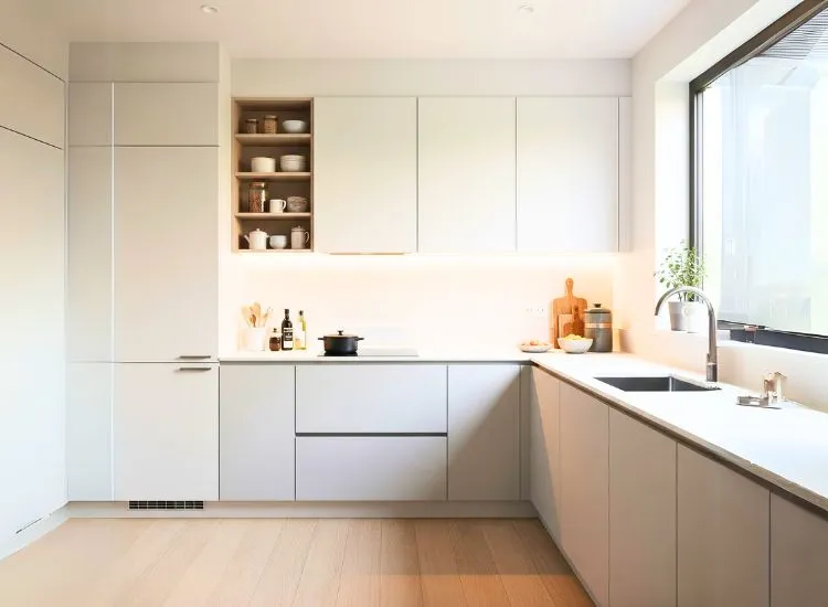 Minimalist modular kitchen design with clean lines and clutter-free layout, perfect modular design for small kitchen.