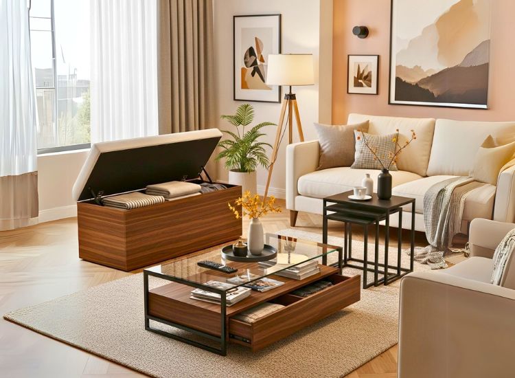 Living room designs featuring multipurpose furniture for smart space utilization, reflecting modern living room design trends.