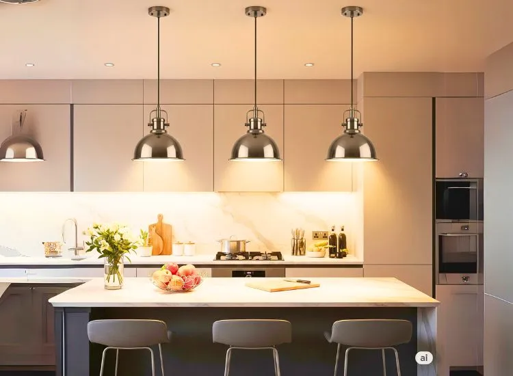 Pendant lights over modular kitchen island add focused lighting and modern style to kitchen interiors.