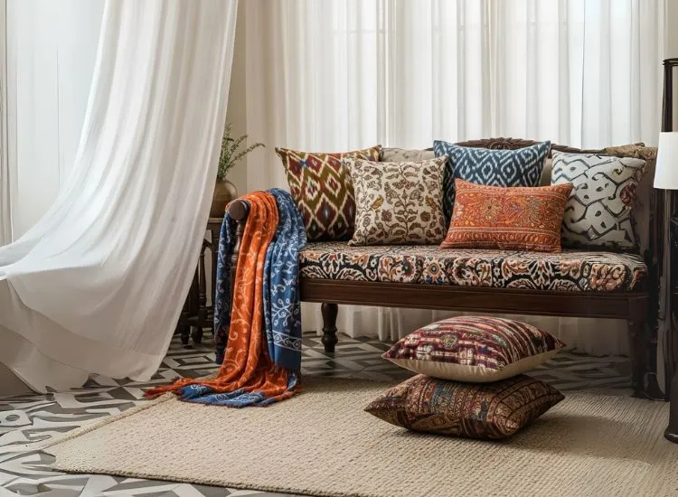 Living room designs featuring vibrant textiles like cushions, rugs, and throws, adding warmth to modern living room design.