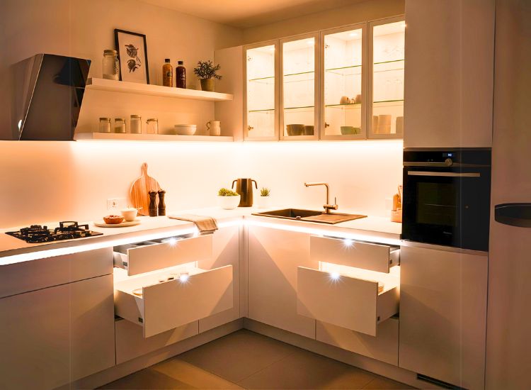 Play with lighting using smart modular kitchen accessories that brighten and enhance accessories for modular kitchen.