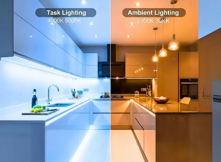 Task vs ambient lighting in modular kitchen design balances bright work lights and soft mood lighting for kitchens.