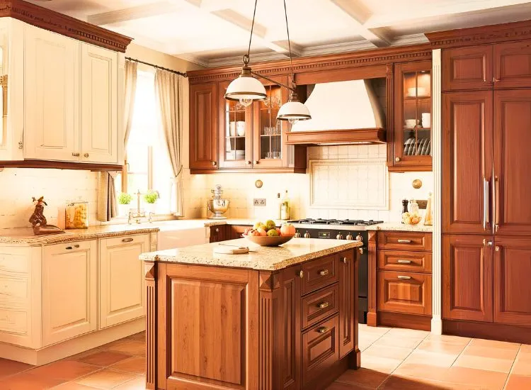 Traditional kitchen design with warm tones and wood finishes, blending classic style with modular kitchen design ideas.