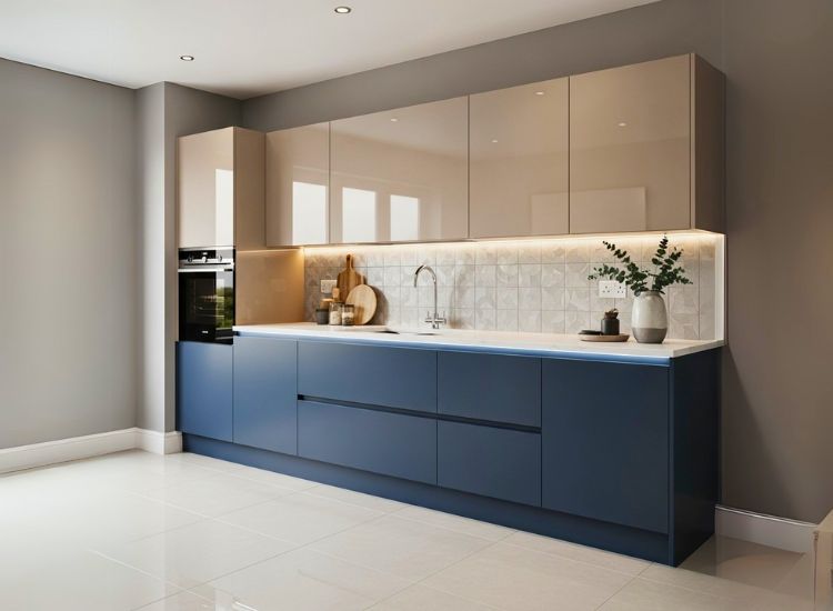 Two-tone kitchen color design idea combining light and dark shades to visually expand space and add depth to modern modular kitchen interiors.