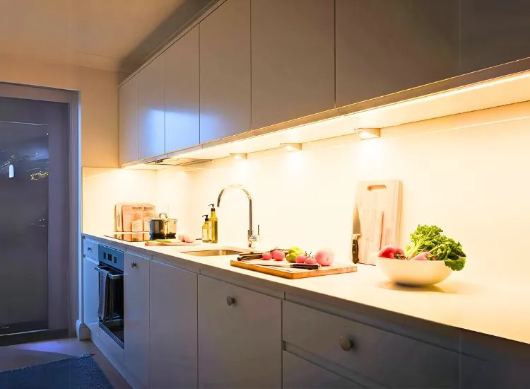 Under-cabinet lights in modular kitchen design brighten countertops and enhance workspace functionality.