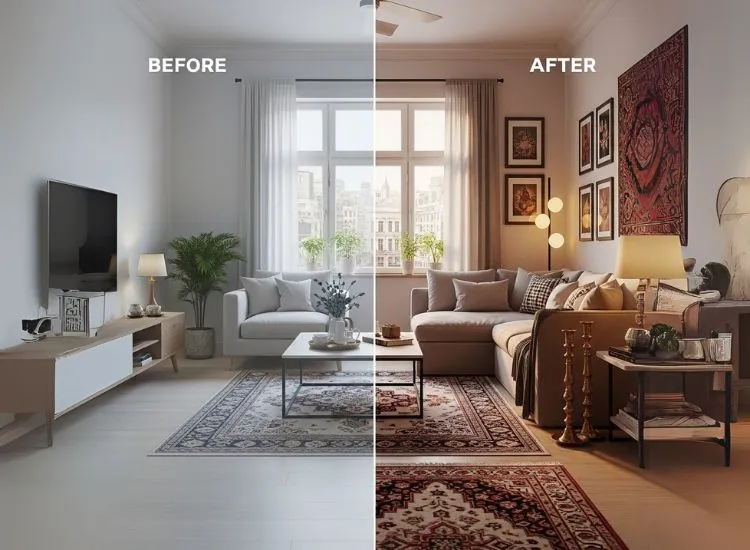Modern living room design with stylish decor and bright lighting, showcasing creative living room designs ideas.