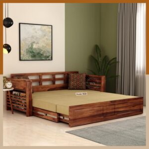 Wooden Street Calder Sofa Cum Bed | Sheesham Wood 3 Seater Sofa Cum Bed