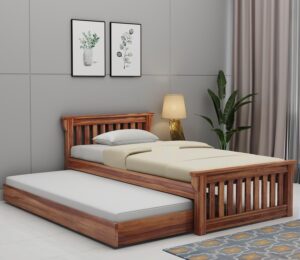 DR FURNITURE Solid Sheesham Wood Single Bed with Pull-Out Trundle