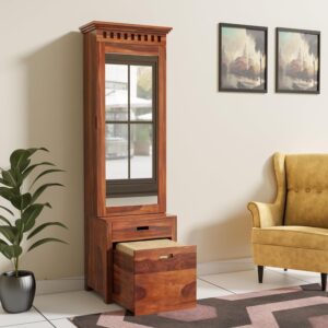 Credenza Solid Sheesham Wood Dressing Table with Mirror & Stool