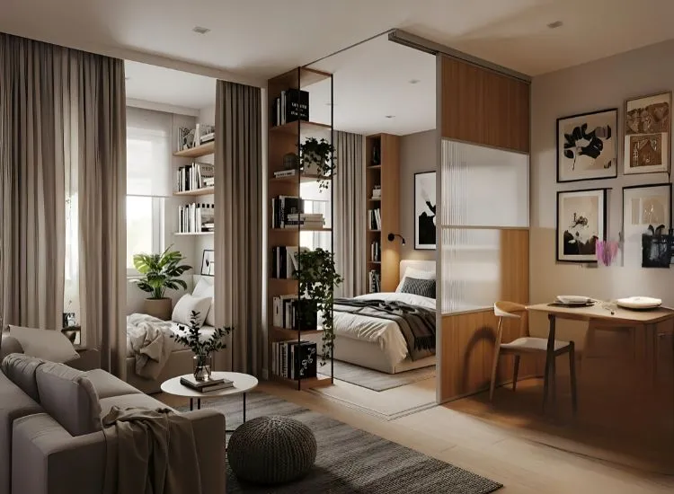Stylish studio apartment decorating ideas with bookshelves, curtains, and sliding partitions — creative studio apartment interior ideas for divided spaces.