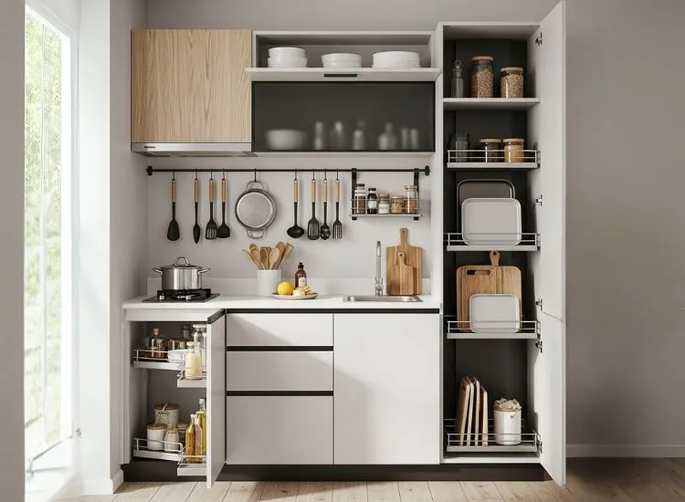 Studio apartment kitchen with smart organizers — practical studio apartment interior ideas to maximize space and boost functionality.