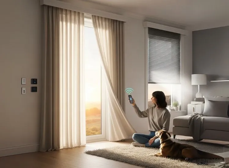 Automated curtains and blinds controlled by smart switches for the home, enhancing modern smart home design.