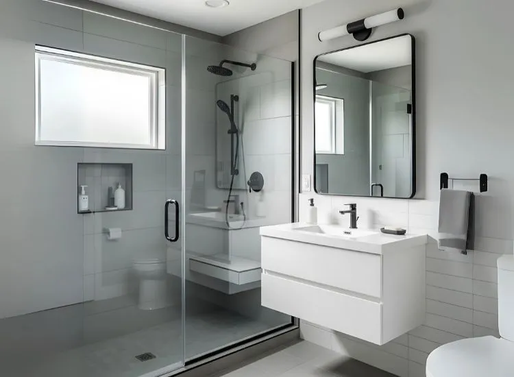 Modern bathroom designs ideas showcasing glass shower enclosures instead of curtains to elevate small bathroom aesthetics.