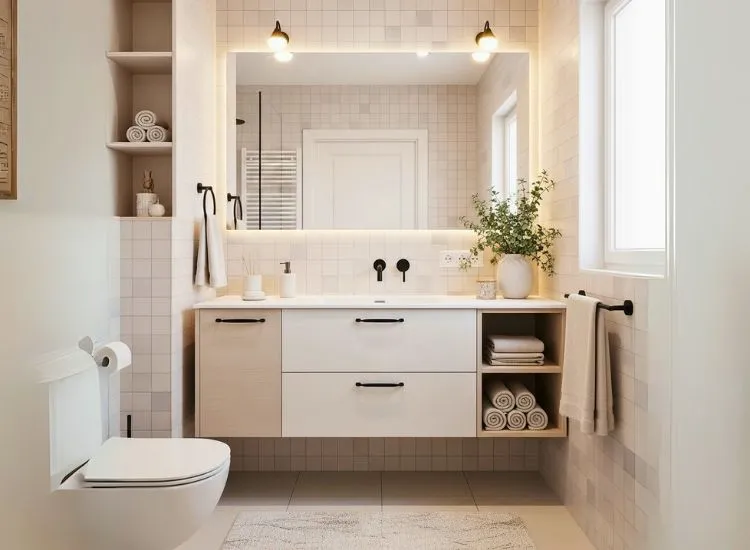 Small bathroom design ideas using light or monochromatic color palettes to create an airy and spacious visual effect.