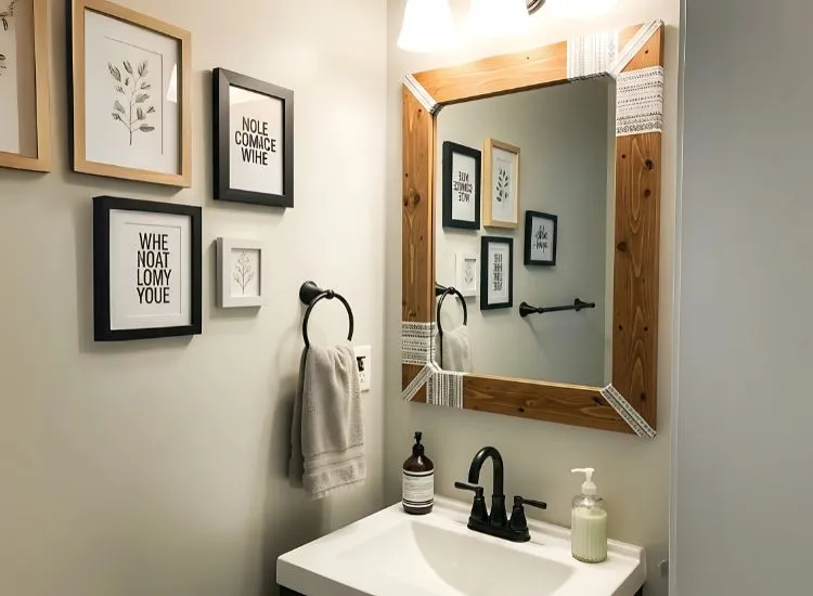 Affordable small bathroom design ideas using DIY mirror framing and painted fixtures to upgrade style on a budget.
