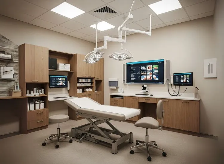 Clinic designs integrating smart lighting sensors and touchless technology—modern clinic interior design ideas for hygiene and efficiency.