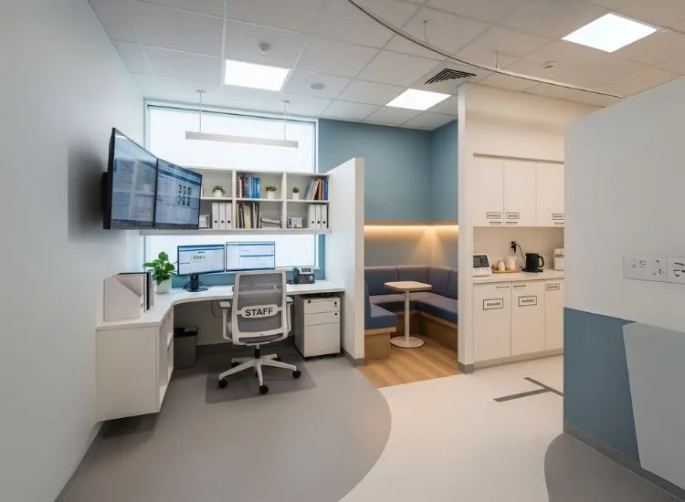 Clinic interior design ideas that prioritize staff comfort with dedicated back-end zones—thoughtful interior design for clinic functionality and well-being.