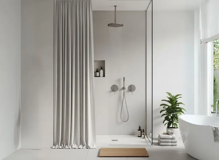 Stylish small bathroom design ideas using floor-to-ceiling shower curtains or glass panels to create a spacious, modern look.