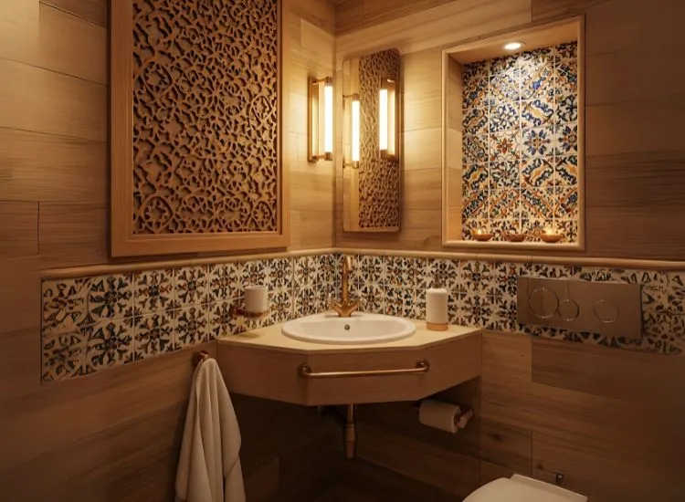 Cultural small bathroom design ideas inspired by Indian-style decor featuring jaali patterns and artistic tile accents.