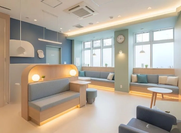 Interior design for clinic spaces using calming colors to enhance patient confidence and create a serene healing environment—an inspiring clinic design idea.