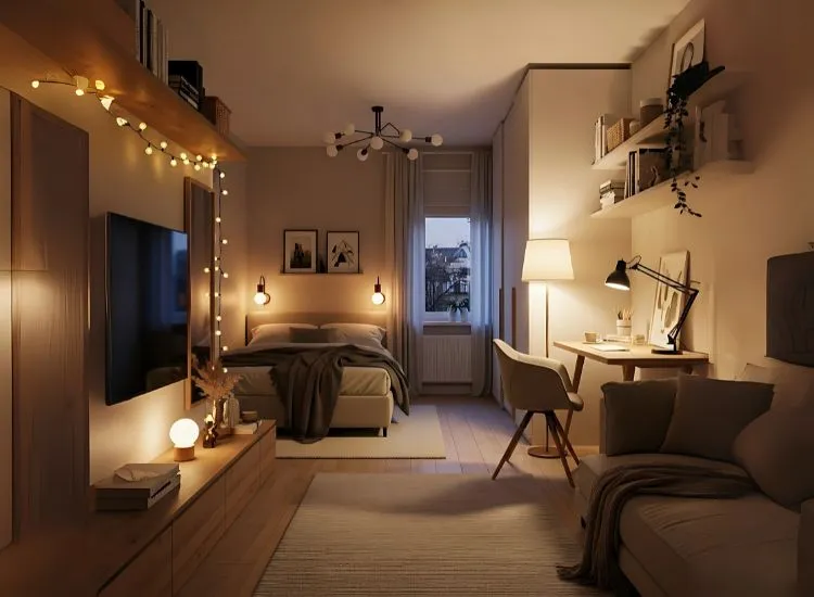 Studio apartment studio using lighting as a natural divider — innovative studio apartment room ideas and decorating solutions for small spaces.