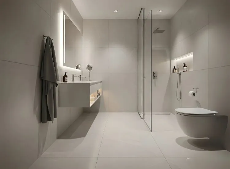 Elegant small bathroom design ideas featuring large-format tiles and seamless flooring to enhance spaciousness and style.