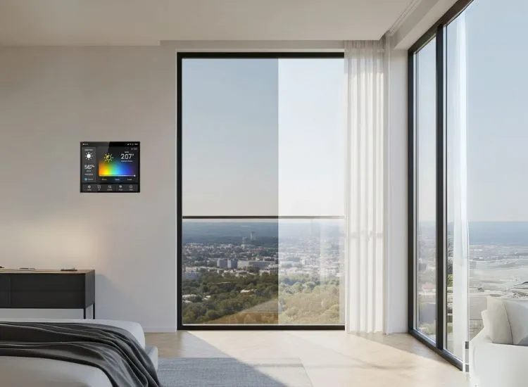 Smart home design with smart glass technology and AI in the home for efficient natural light control and comfort.
