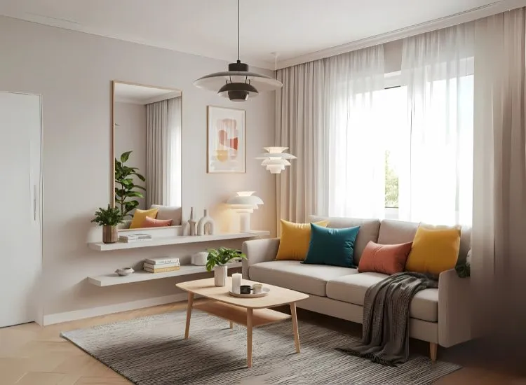 Studio apartment interior ideas featuring neutral palettes with pops of color — stylish studio apartment decorating ideas for modern flat living.