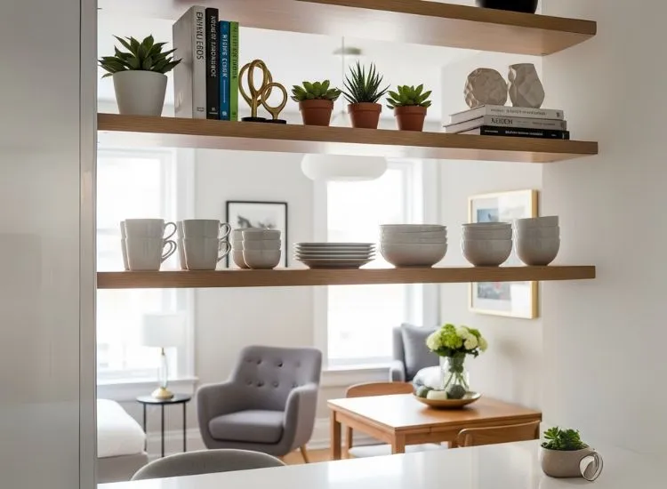 Studio apartment decorating ideas featuring open shelving — stylish and functional studio apartment interior ideas for vertical space utilization.