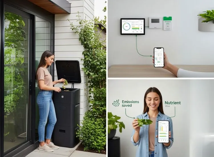 Smart home design with organic waste composting units and smart home appliances for eco-friendly waste management.