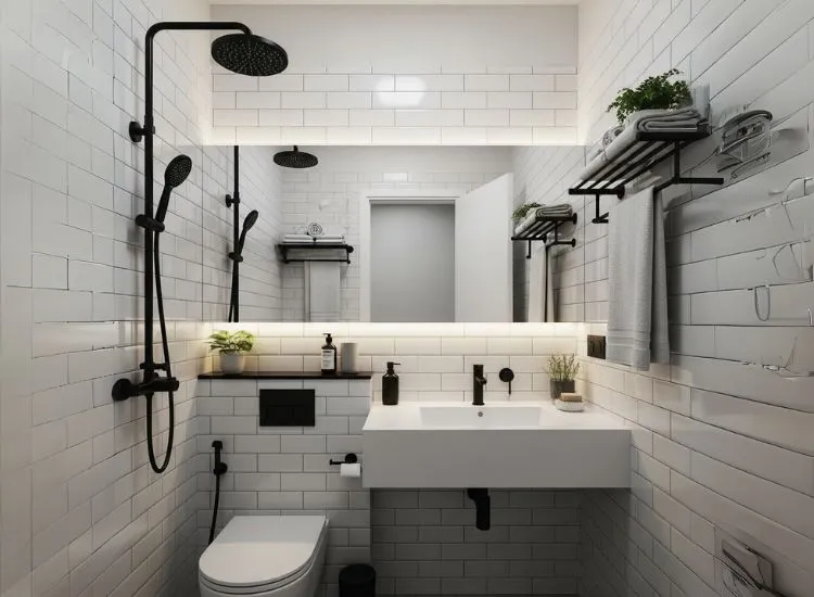 Real-life small bathroom design ideas in a Mumbai flat featuring monochrome tones and a mirror wall for a spacious effect.