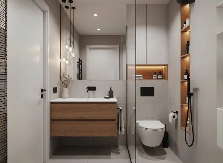 Modern small bathroom design ideas showcasing a space-saving layout with smart storage and stylish decor for compact homes.