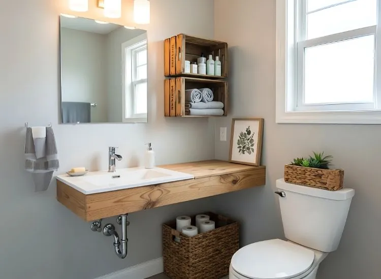 Smart small bathroom ideas featuring repurposed wooden crates or baskets as creative storage solutions for compact spaces.