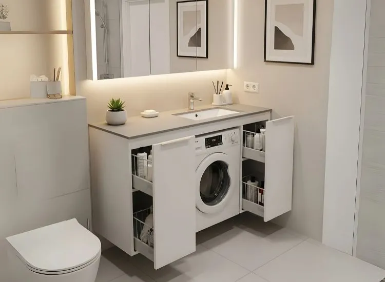 Innovative bathroom designs ideas with vanity units that include integrated laundry baskets for organized small bathroom spaces.