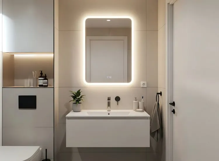 Chic small bathroom design ideas featuring backlit mirrors to add depth, brightness, and a modern touch to compact spaces.
