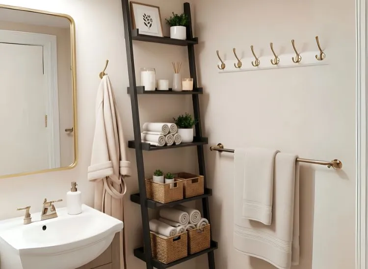 Functional small bathroom ideas with ladder shelves, wall hooks, and towel rods to organize essentials in limited space.