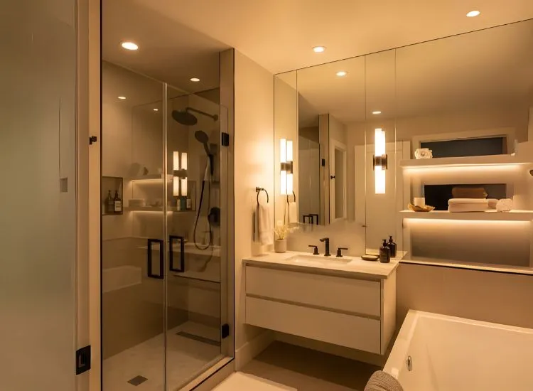 Stylish small bathroom design ideas using layered lighting to enhance ambiance and functionality in compact spaces.