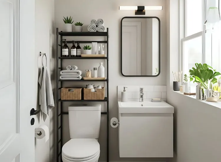 Space-saving small bathroom ideas using over-the-toilet storage racks to enhance functionality in compact bathroom designs.