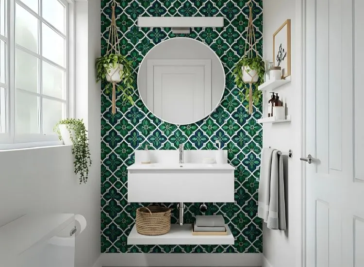 Creative small bathroom design ideas using peel-and-stick tiles or wallpapers to add style and personality to compact spaces.