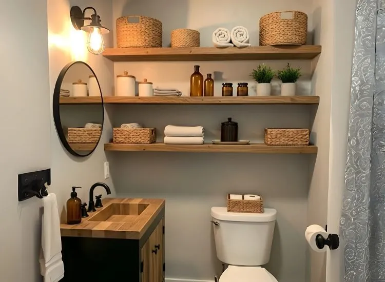 Small Bathroom with Rustic Charm and Floating Wood Shelves