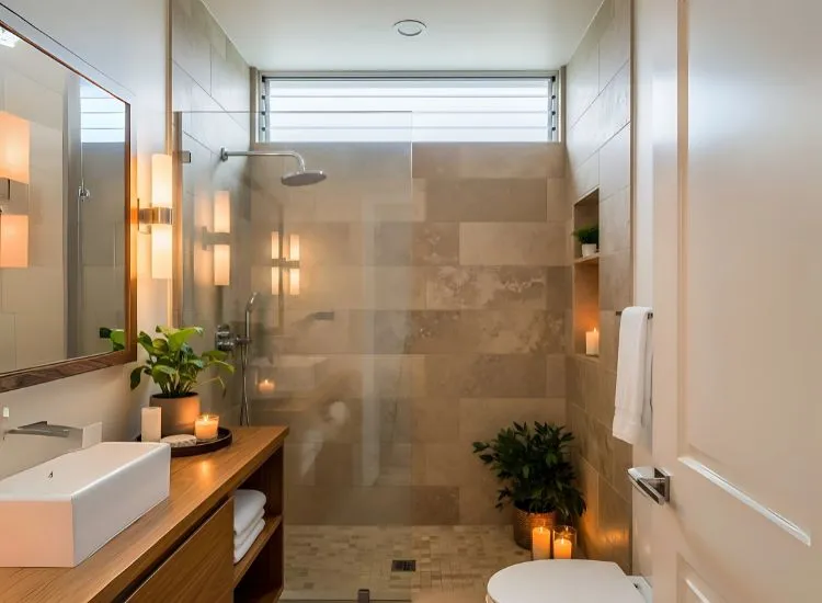 Real-life small bathroom design ideas from an LA home featuring earthy materials and a well-ventilated wet zone layout.