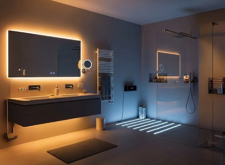 Luxurious smart bathroom featuring smart home appliances and AI-powered fixtures for a spa-like smart home experience.