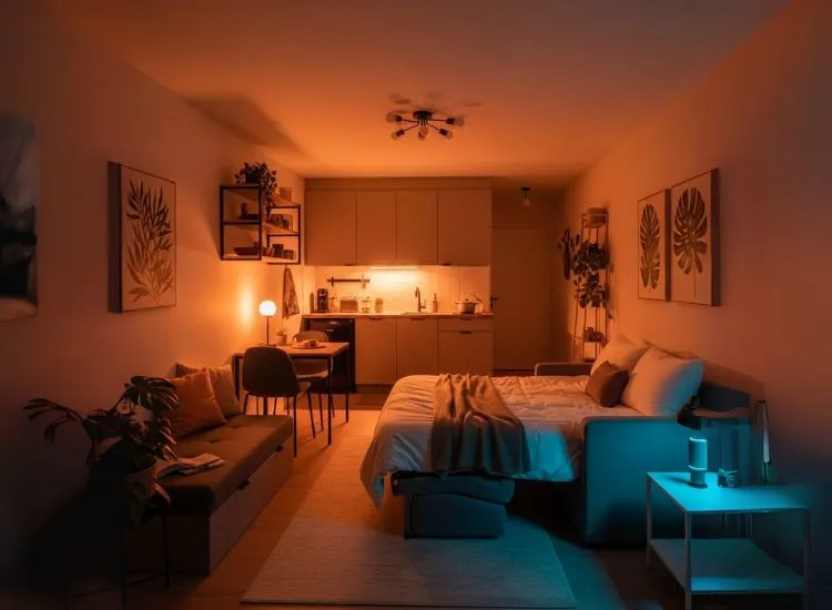 DIY studio apartment studio makeover featuring smart lighting solutions — innovative studio apartment interior ideas for personalized styling.