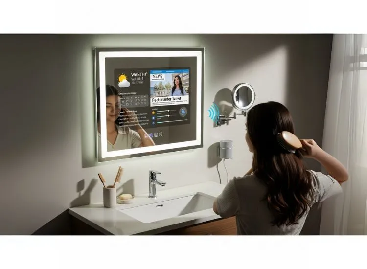 Smart mirror with integrated fitness tracking and news updates, powered by smart home appliances in a modern smart home.