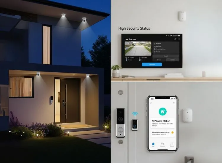 Smart home security system with AI-powered surveillance, smart switches, and modern smart home design elements.