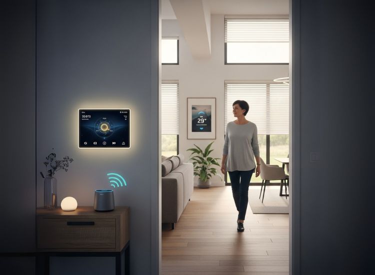Modern smart home design blueprint featuring integrated smart switches, smart appliances, and AI-powered systems.